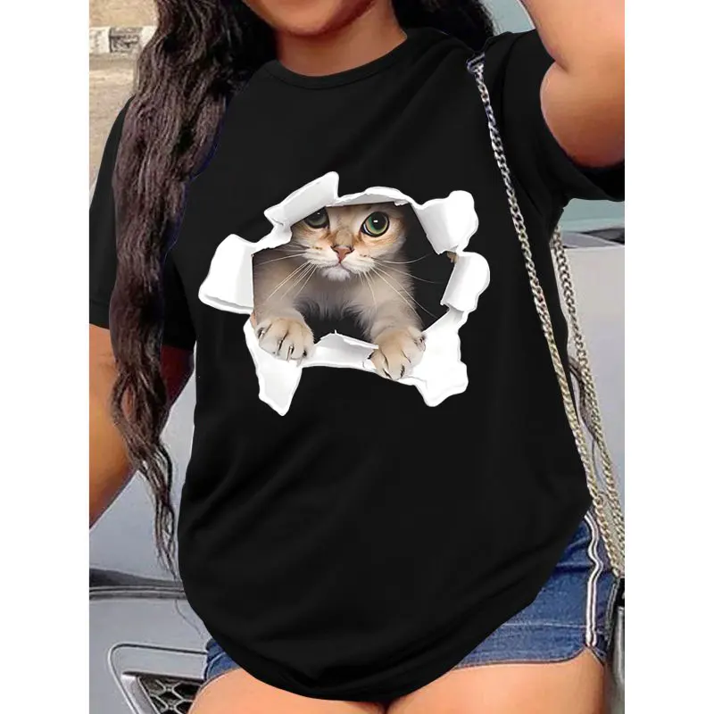 2025 New Women's Hot Sale Cotton Printed T-shirt Fashion Plus Size Casual Curious Cat Tops Summer Loose Harajuku Clothing