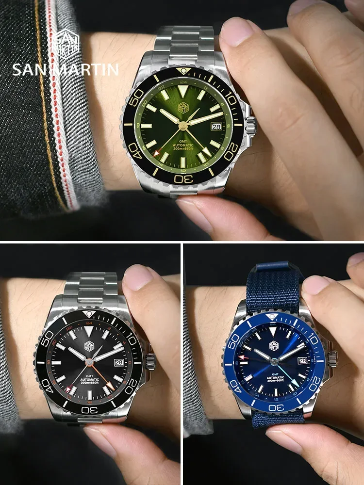 San Martin 39mm Diver GMT Watch Enamel Dial NH34 Stainless Steel Luxury Men Watch Automatic Mechanical Sapphire Luminous SN0136