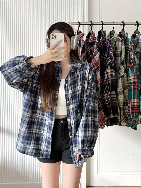 

Ретро-рубашка в американском стиле в клетку для женщин, весна 2026, новая модель, для ношения как поддевка или верхняя одежда, с длинным рукавом, из полиэфирного волокна