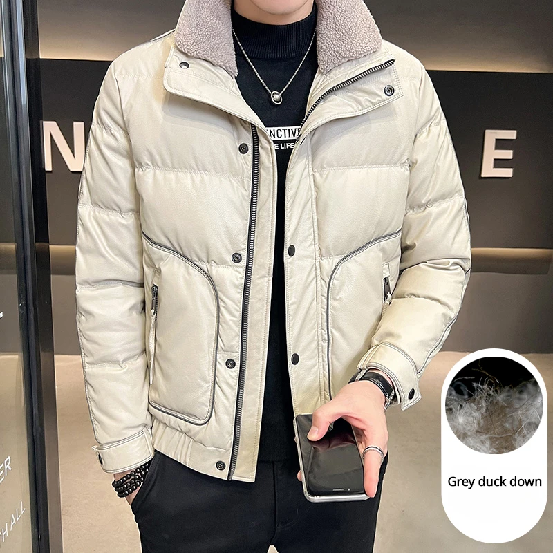 New Winter Men's Leather Down Jacket Slim Fit Thick Warm Black Coat Male Thickening Collar Coats