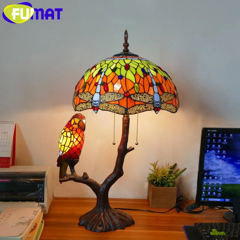 FUMAT Tiffany style stained glass parrot retro table lamp for living room study desk lamp cafe hotel desk lamp LED decor