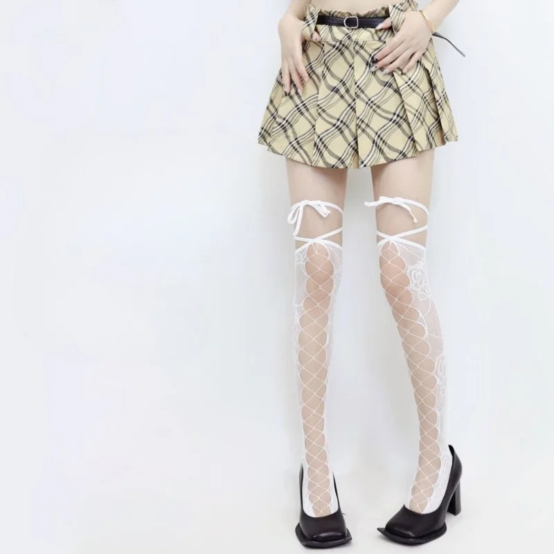 1/2 Pairs Pure Desire Girl Sweet Personality Spicy Girl Long Stockings Crossed Over Knee White Sexy Strap Rose Over Knee Socks