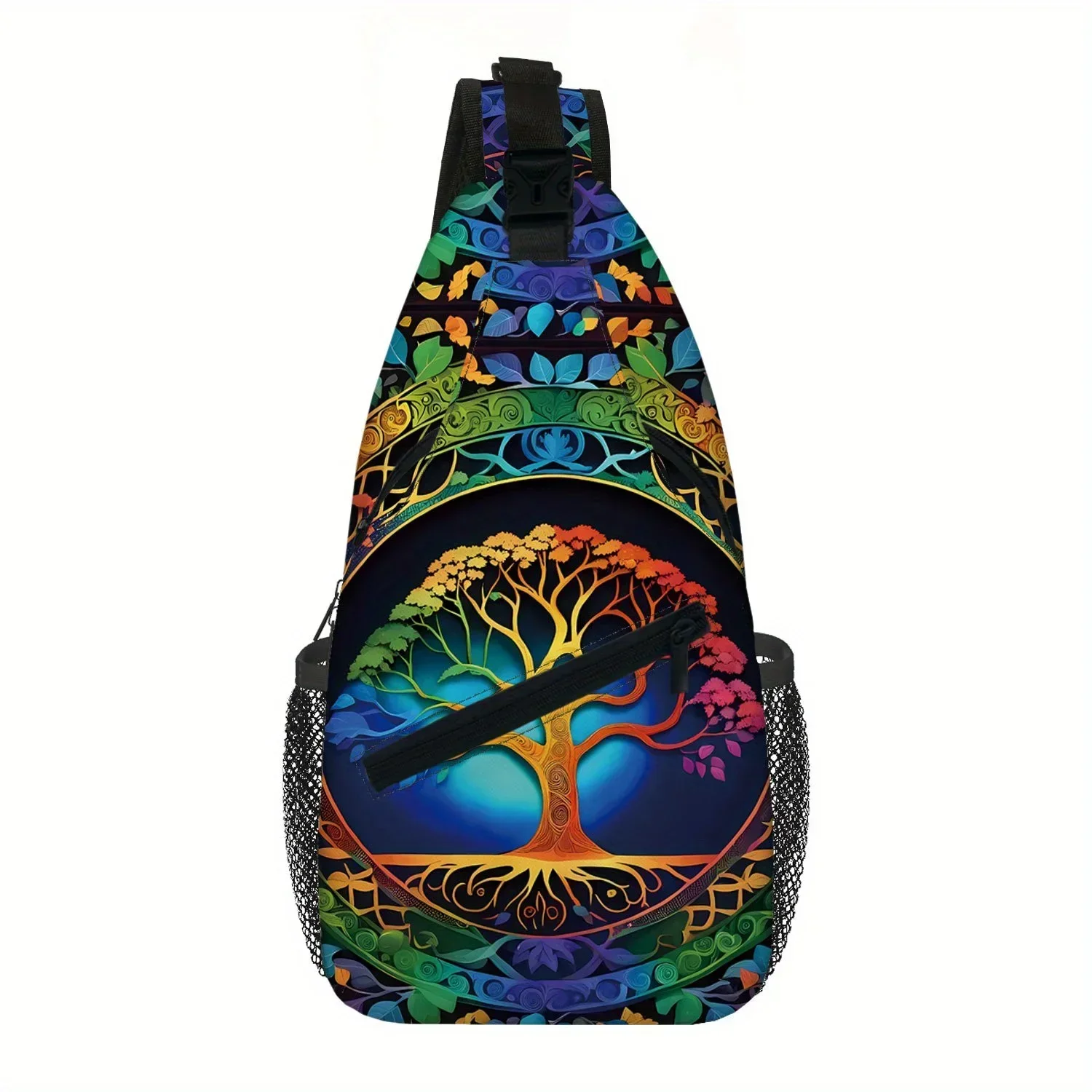 Custom Bohemian Retro Crossbody Bag For Men - Vibrant Tree Design With Colorful Leaves, Adjustable Strap, Perfect For Daily