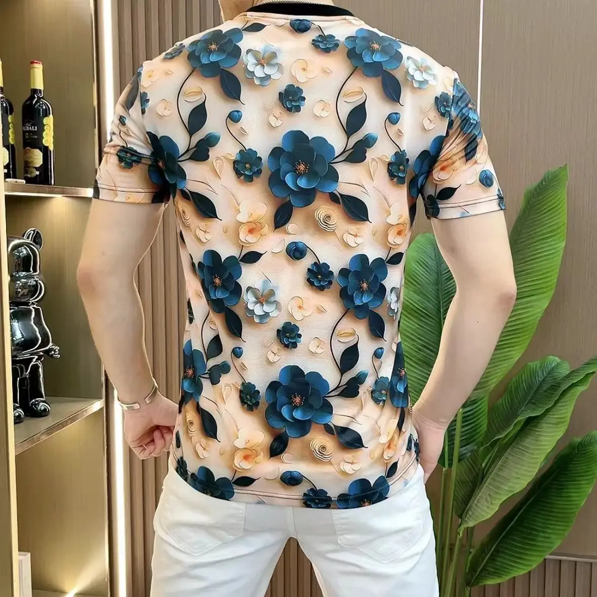 3D Flower T-shirts Men Summer Short Sleeve Casual Tshirts Slim Fit Elastic Breathable O-neck Streetwear Social Tee Tops M-5XL