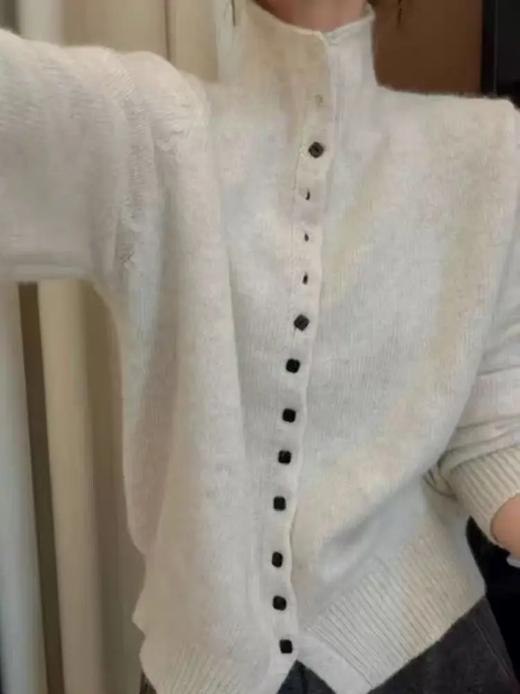2025 Autumn/Winter 100% Wool Knit Cardigan Sweater Women Half-turtleneck Coat Female Long Sleeve Tops Korean Fashion New Jacket