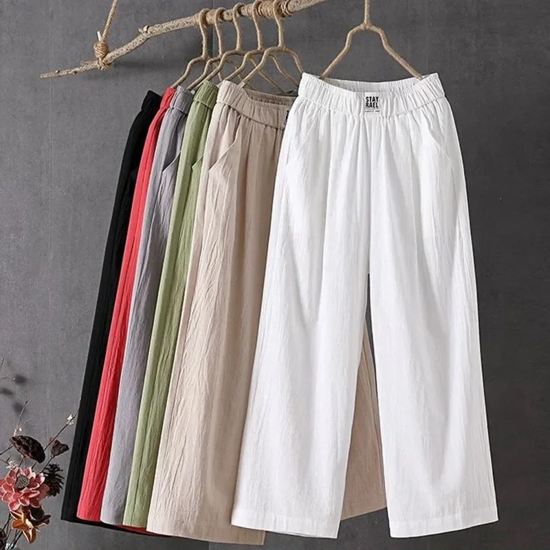 Summer Elastic Waist Women's Pants Casual Solid Cotton Linen Ankle Length Pants Female 2023 High Quality Loose Trousers