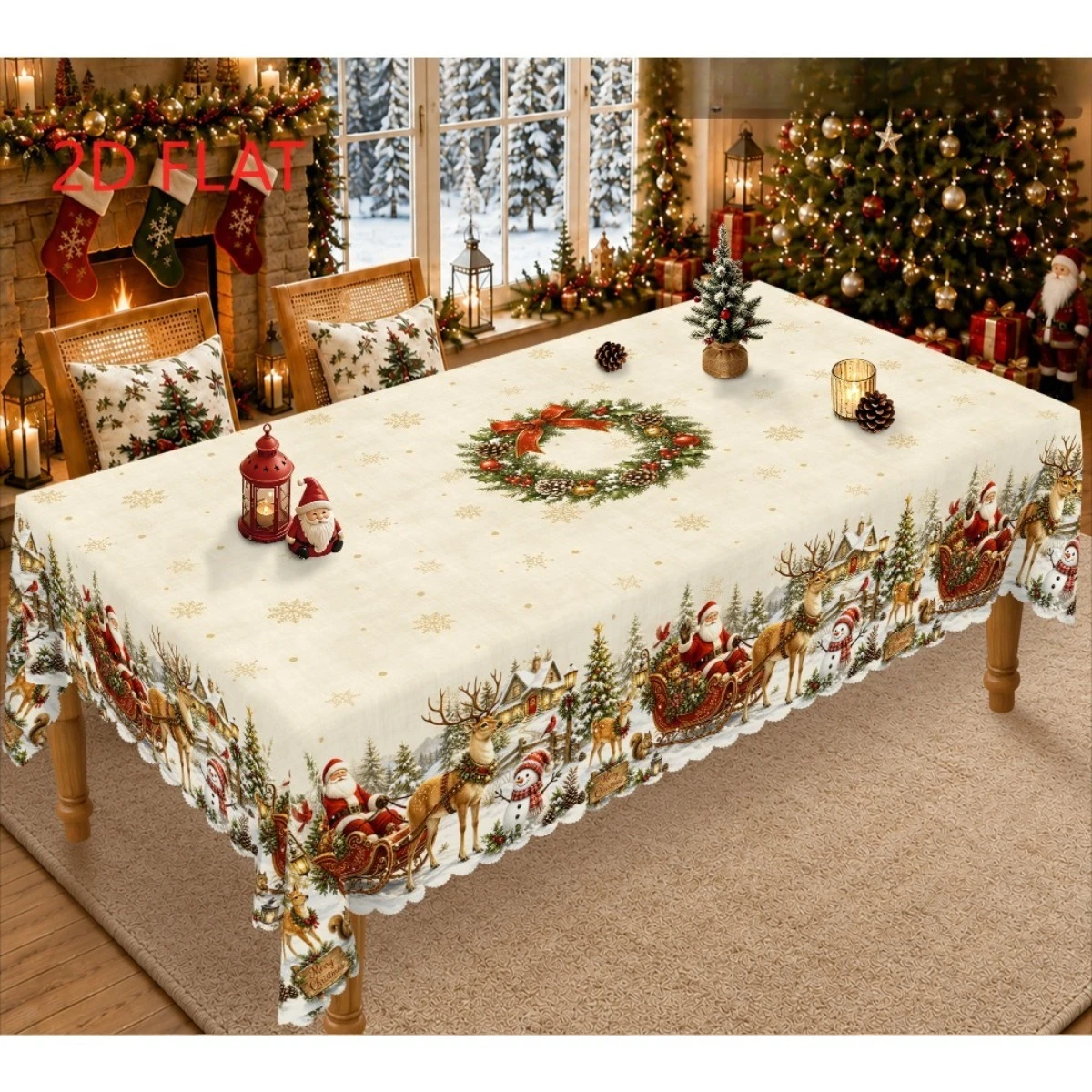 1pc  Vintage Christmas Santa Sleigh Reindeer Winter Scene Tablecloth 2D Flat Printed Holiday Dining Table Cover