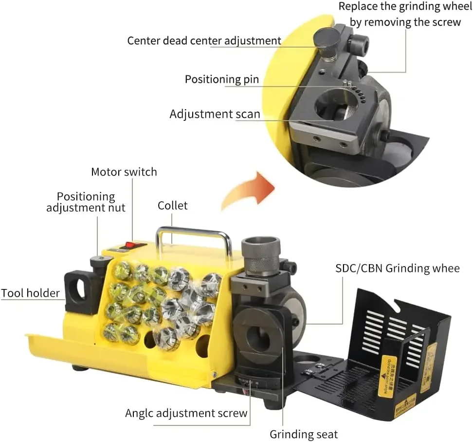 Drill Bits Sharpener, 3-20mm Grinder , Lip Relief Angle & 95°-135° Point Angle Adjustable Drill Bit, Portable with 18 Collets