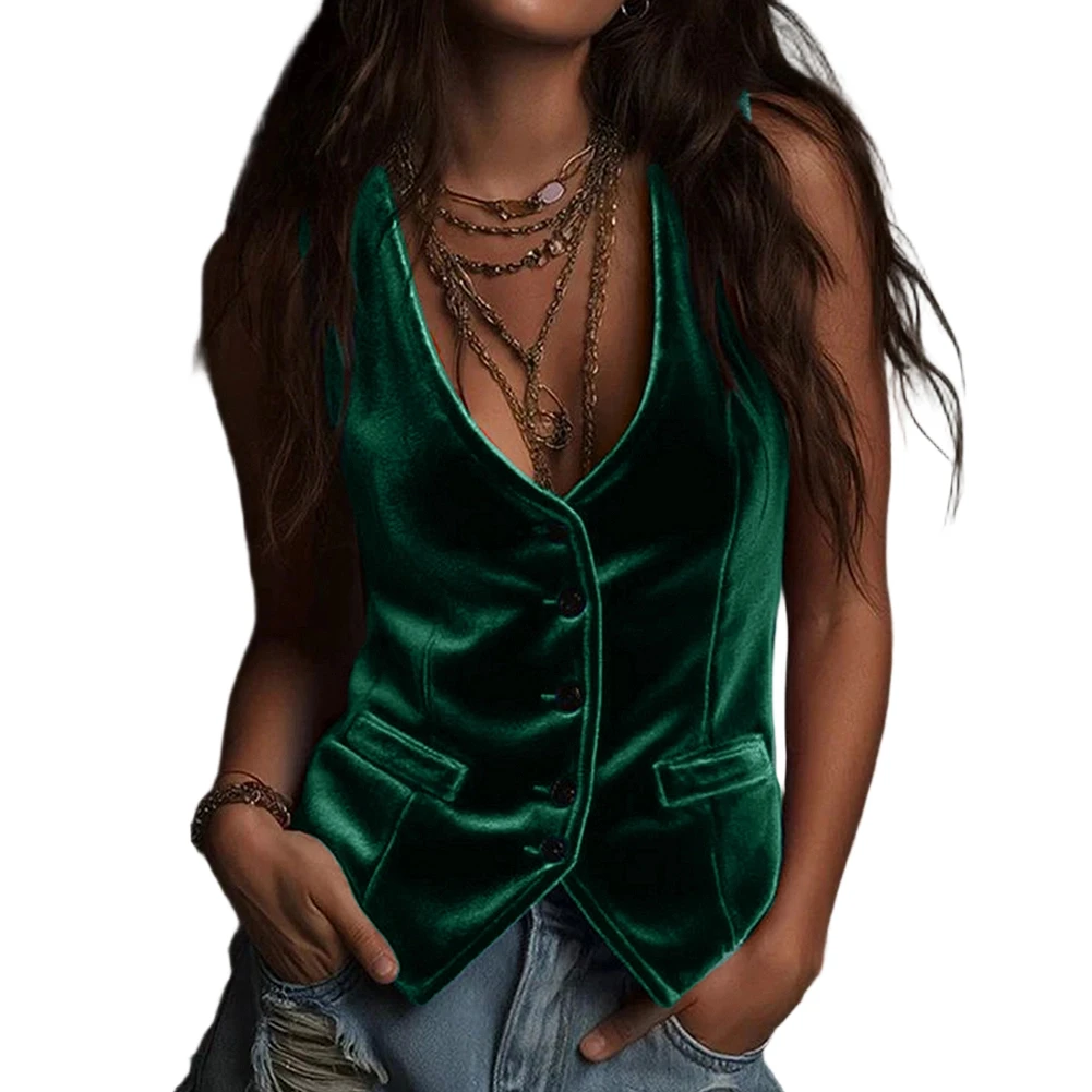2026 New Women Retro Velvet Sleeveless Solid Patchwork Vest Slim Single Breasted Tank Top