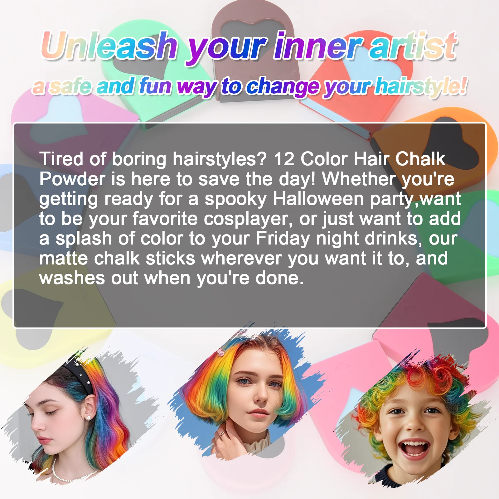 12 Colors Temporary Non-Toxic Hair Chalk for Adults Safe, Long-Lasting & Easy to Wash Out for Concerts, Parties & Festivals