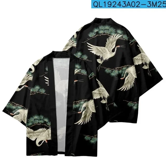 White Japanese Crane Wave Print Haori Kimono Cardigan Unisex Short Sleeve Open Yukata Harajuku Streetwear Beach Cover Up Tops