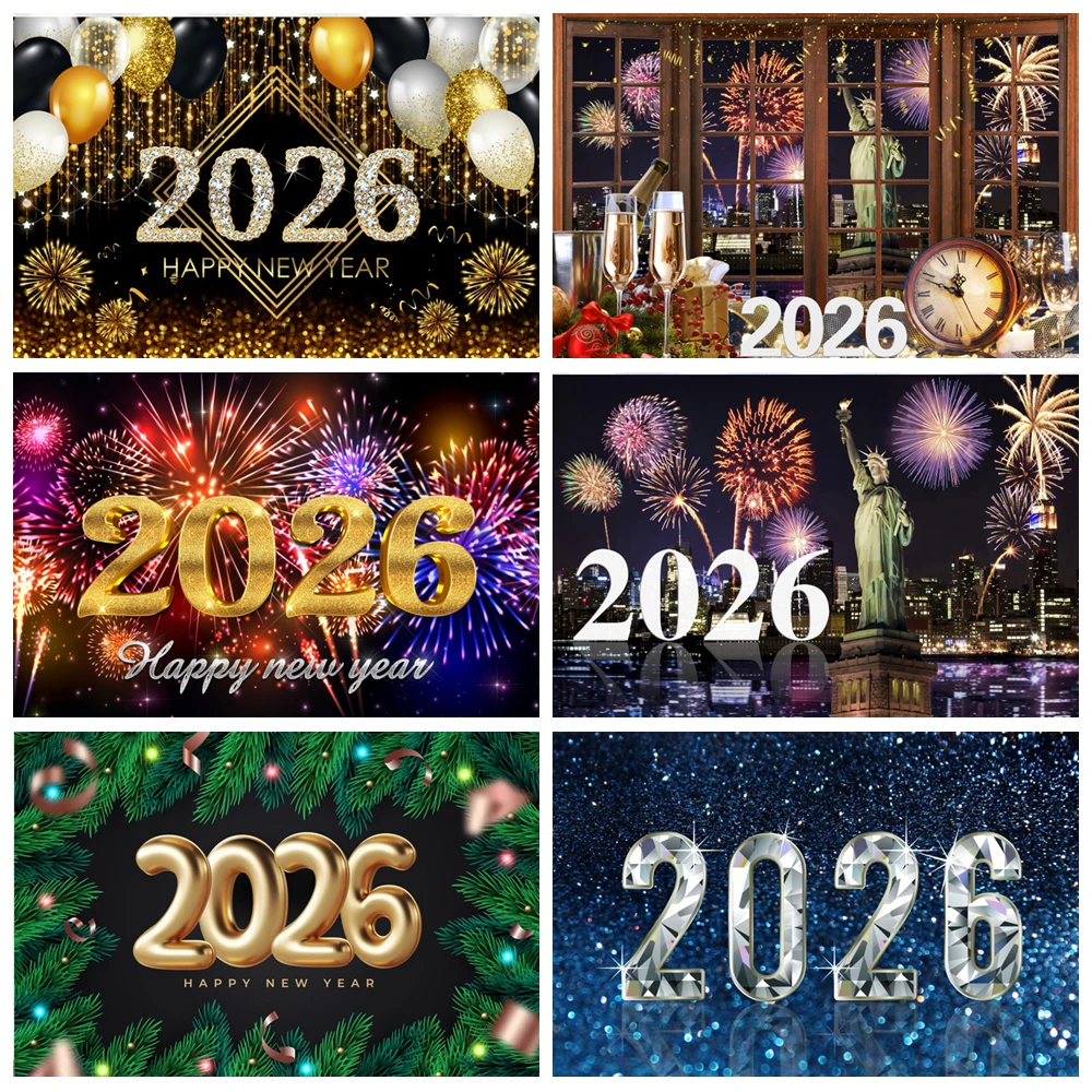 

Happy New Year Backdrop 2026 New Year's Eve Colorful Lights Black Gold Family Party Decor Banner Photography Background Props