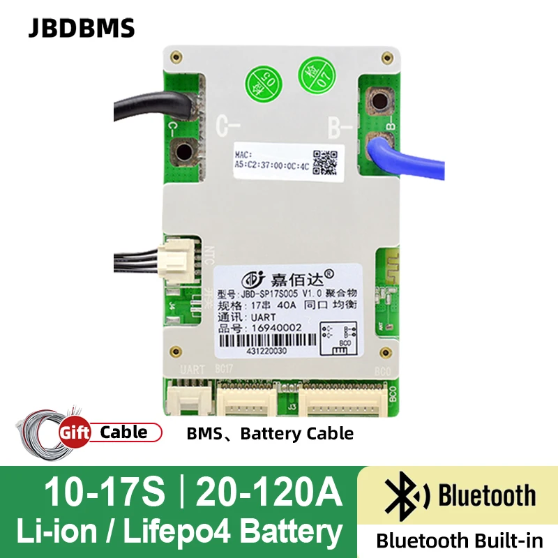 JBD 10S-17S Smart BMS 20A 40A 50A 60A 80A 100A 120A For LifePo4 36V 48V Lithium Battery Bms Protection Board Built-in BT