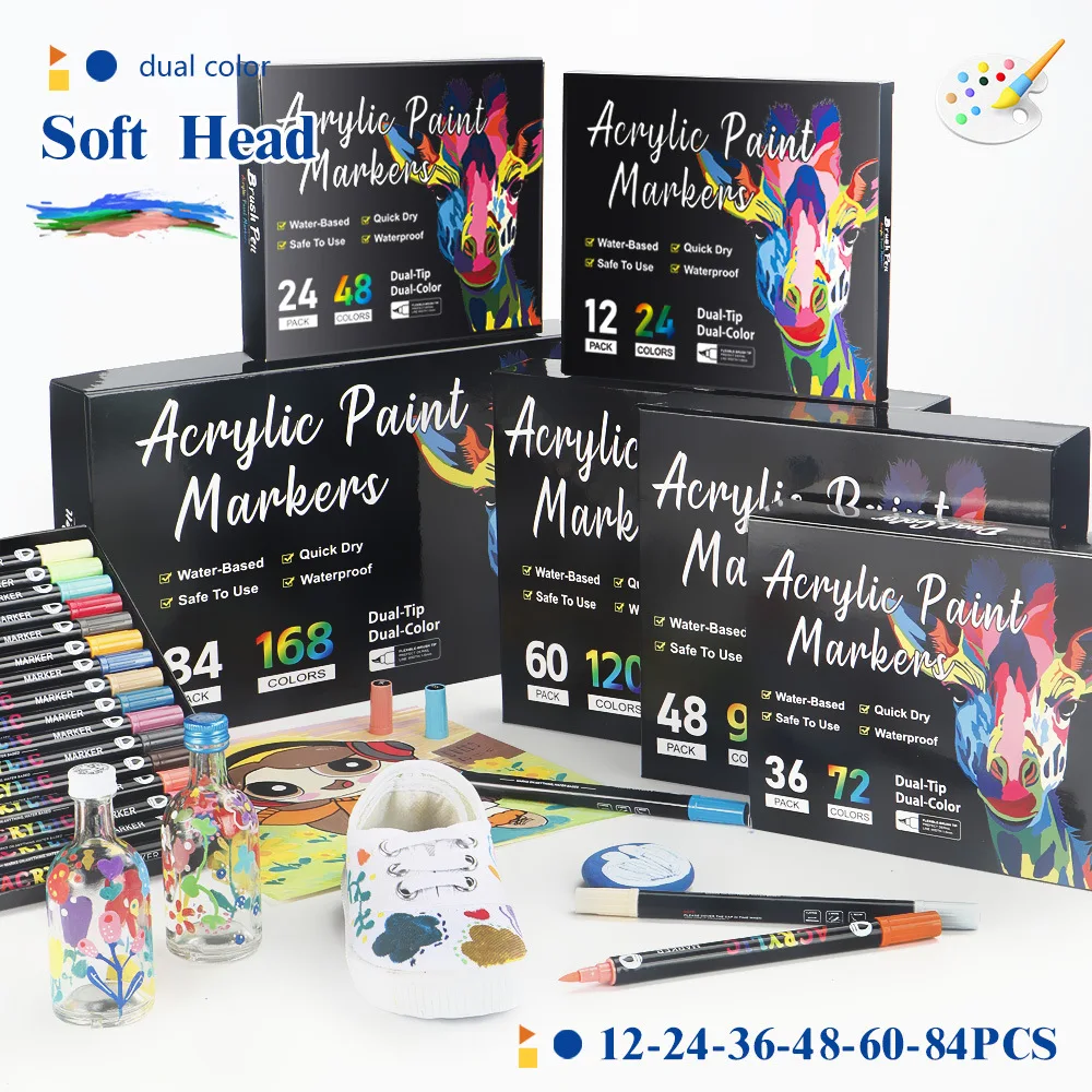 

Double headed dual color acrylic marker pen children's drawing stationery set 12/24/36/48/60/84 color graffiti marker pen