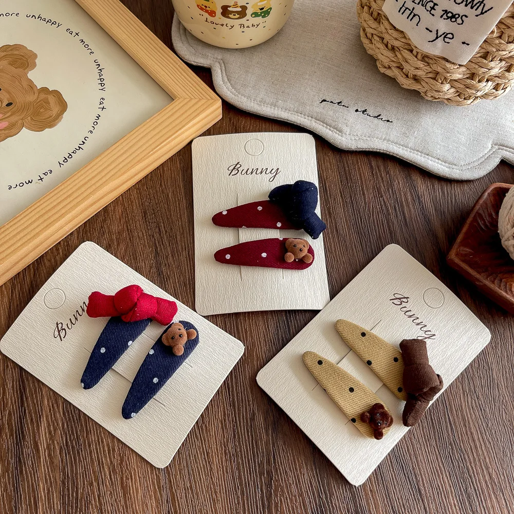 

Детская заколка в горошек в стиле ретро, тканевый бант, бархатный медведь, мультяшный зажим BB, корейская заколка для девочек с челкой, боковая заколка, заколка для волос, головной убор