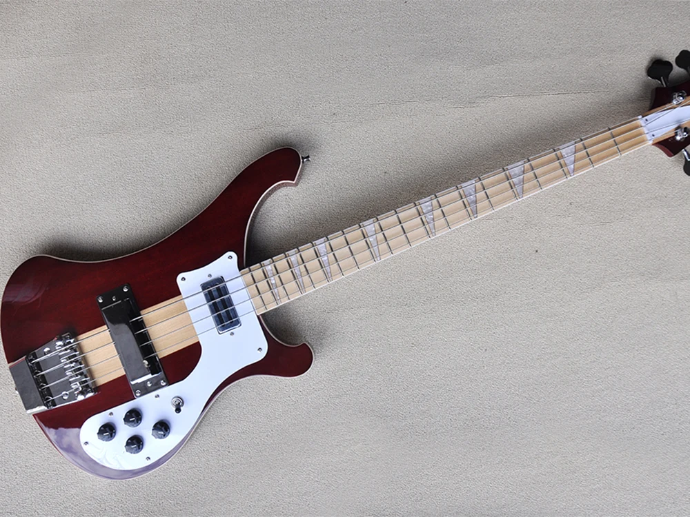 4 Strings Red-brown Electric Neck-thru-body Bass Guitar with White Pickguard,Maple Fretboard with White Binding