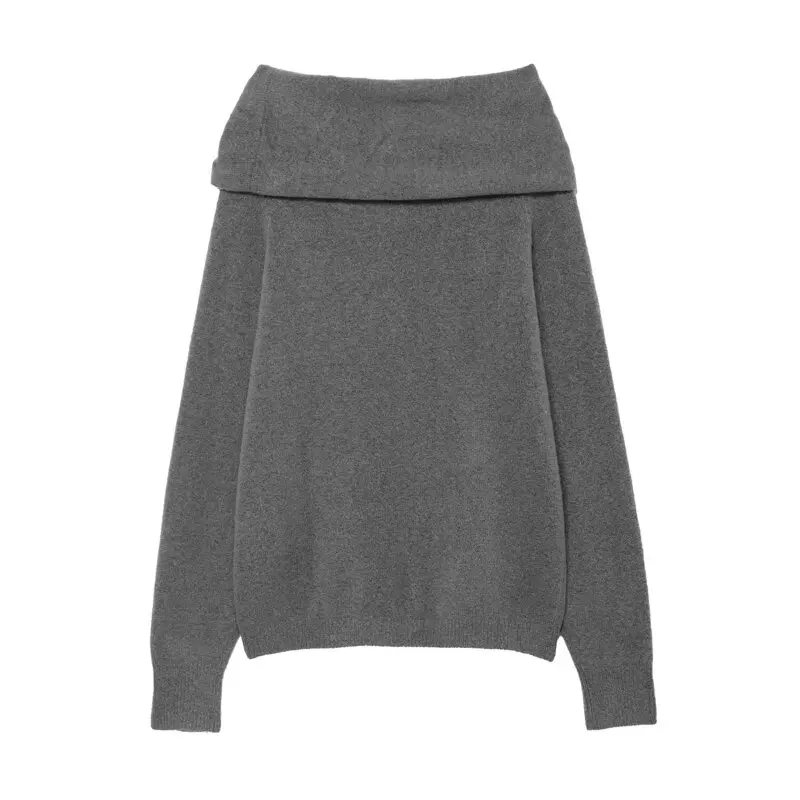 Metal Embellished Loose Knitted Shoulder Bared Women's Fashion Top for Autumn Season Versatile Long Sleeve Crew Neck Pullover