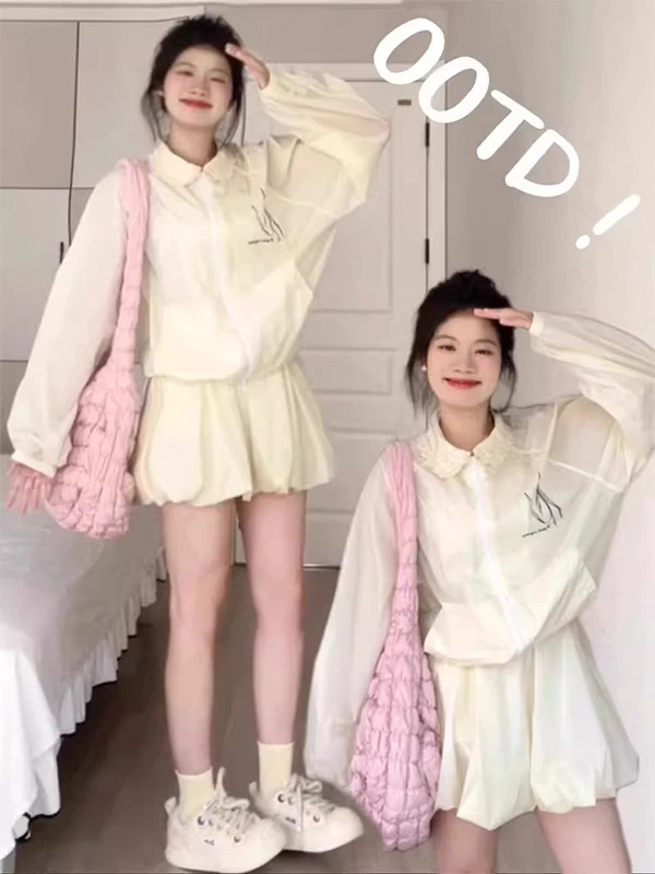 

Large Size 300 Pounds Korean Style College Casual Set Women Summer Sun Protection Long Sleeve Jacket Short Skirt Anti-Aging T...