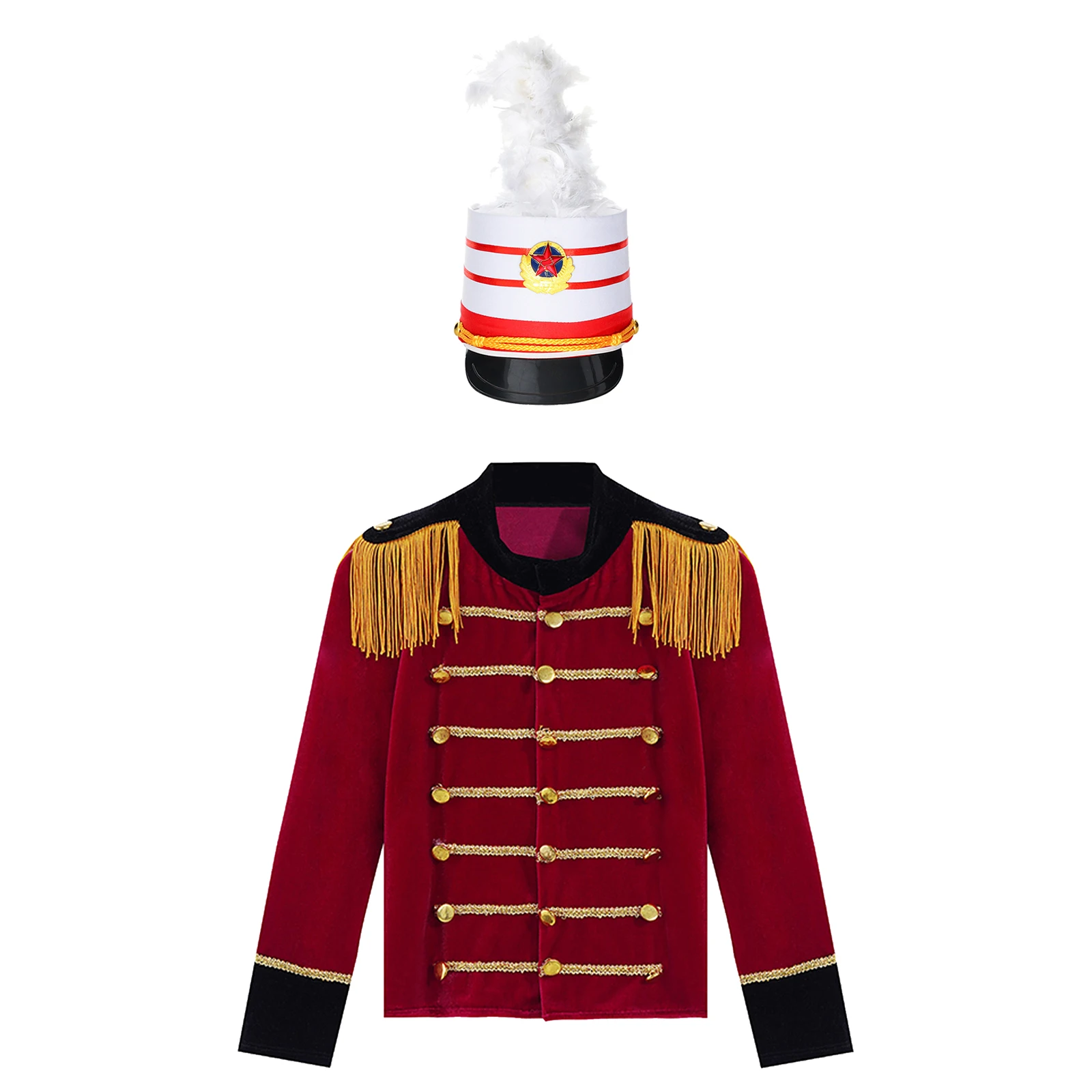 Kids Boys Circus Ringmaster Jacket Drum Trumpet Honor Guard Uniform Nutcrackers Cosplay Costume Tassels Adorned Tops with Hat