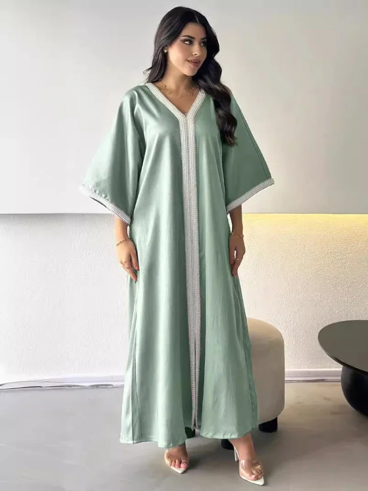 Eid Ramadan Muslim Women Dresses Beading V Neck Abaya Party Long Dress Morocco Kaftan 2024 Vestidos Dubai Turkey Robe Jalabiya