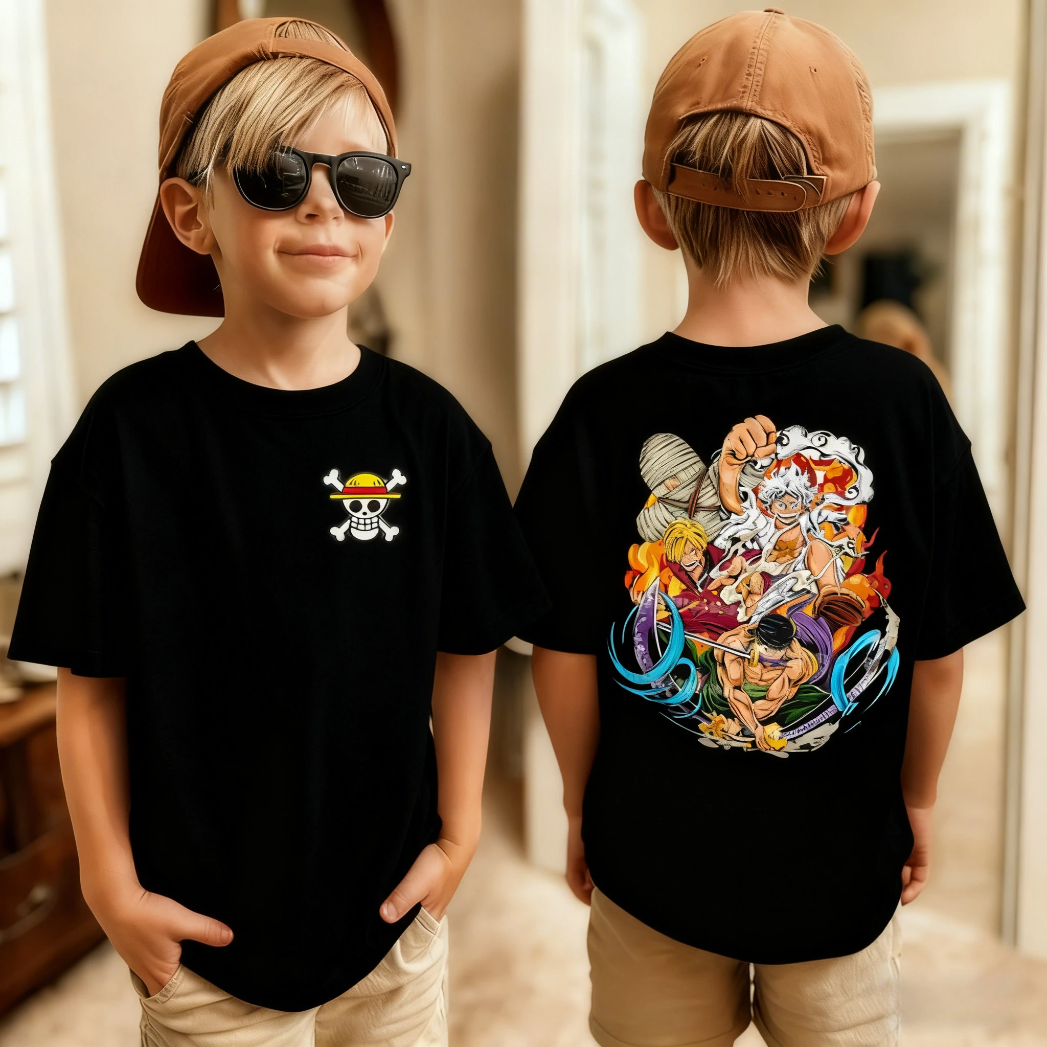 One Piece Japanisches Anime Bedrucktes Kinder-T-Shirt Roronoa Zoro Jungen Harajuku Kurzarm Kinder Luffy T-Shirt Kleidung