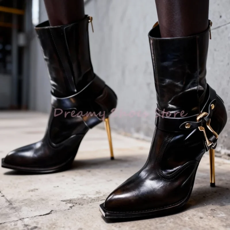 

Snake Print Gold Keyhole Leather Stiletto Ankle Boots Women Back Zipper Pointed Short Boots Fashion Trendy Party Western Boots