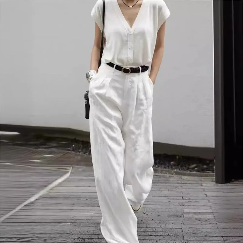 

Women High Waist White Linen Trousers Thin Long Wide Leg Casual Pants New Trouser Female Simple Suit Pant Spring Summer 2025