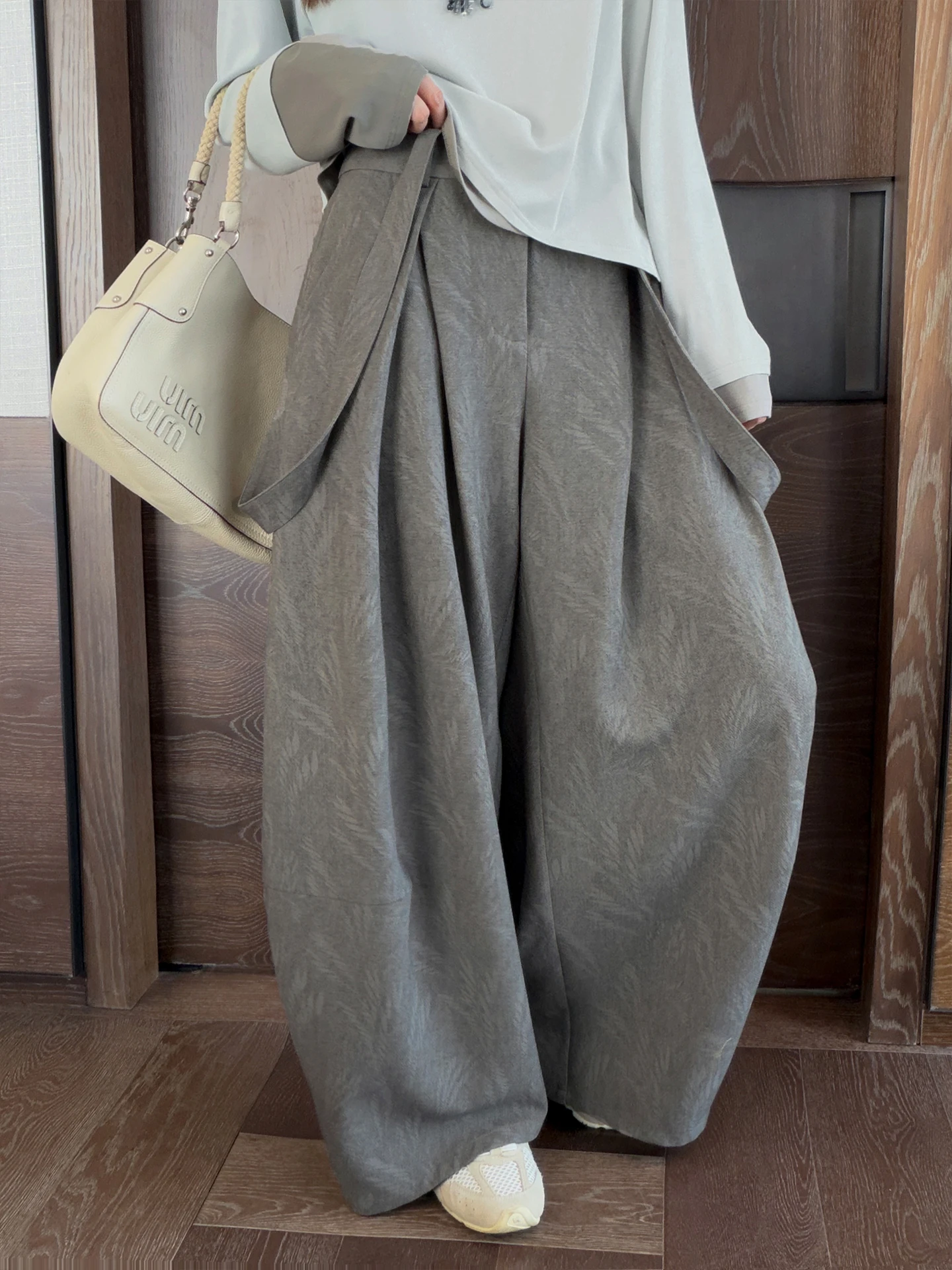 

Gray Texture Wide Leg Pants Sling Pants Fashionable Home Life Style Commute Style High Waist Elastic Fabric Polyester Printed