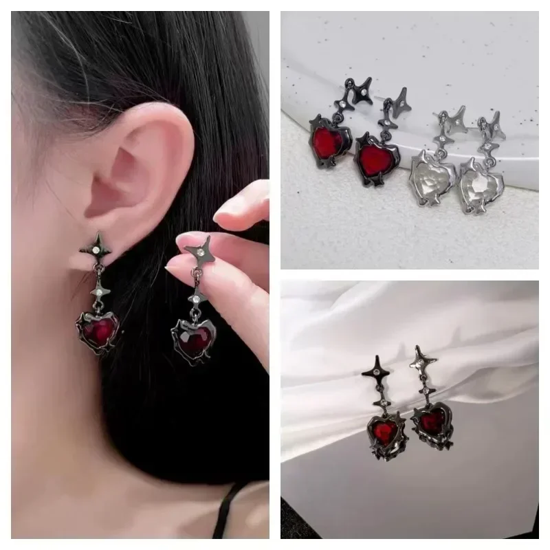 Y2K Goth Heart Cross Star Pendant Earrings Women Red Zircon Love Dangle Earring Gothic Irregular Tassel Earrings Fashion Jewelry