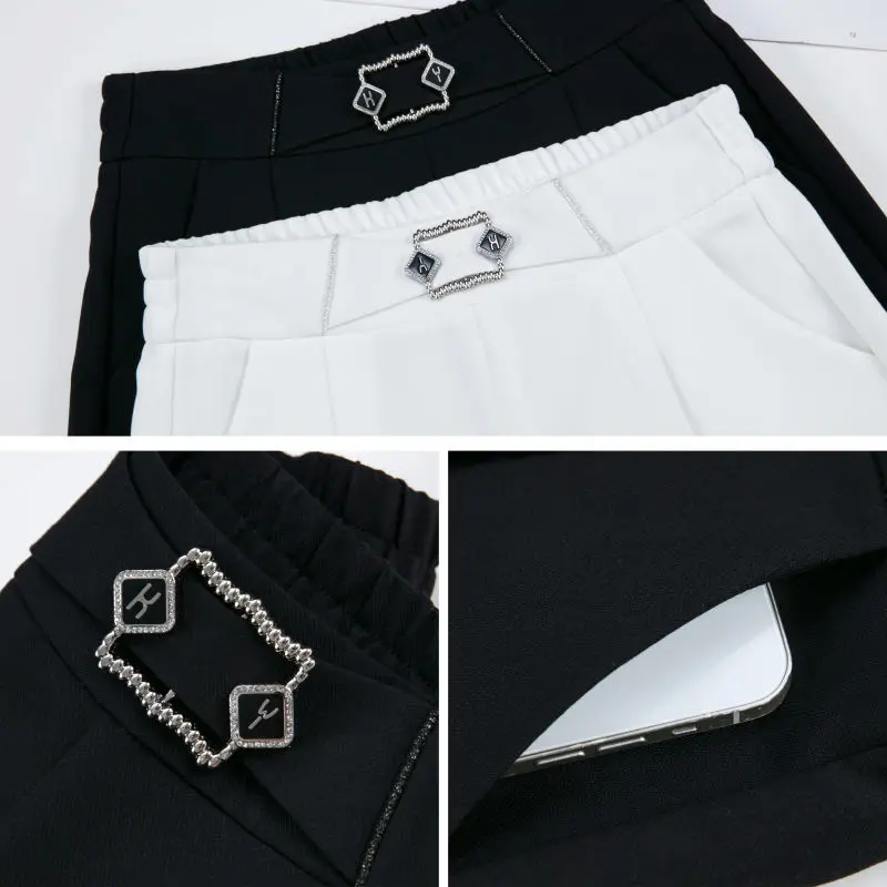 Lato nowe kobiety jednolity kolor cienkie elastyczny, wysoki talia jasna linia dekoracji kieszeń Rucheda na co dzień prosta szeroka nogawki garnitur szorty