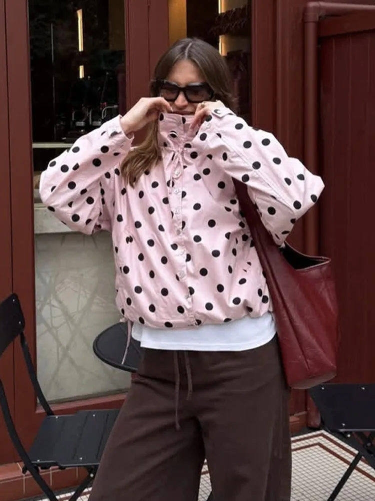 

HH 2026 Women Casual High Street Jacket Long Sleeve Single Breasted Decoration Jacket Female Fashion Pink Polka Dot Short Coat