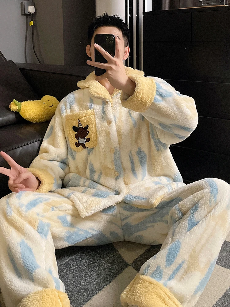 DAIMELU الكرتون منامة الرجال ملابس خاصة مجموعة الشتاء طويلة الأكمام المرجان الصوف الفانيلا سميكة الدافئة الذكور الشباب المتسكعون دعوى