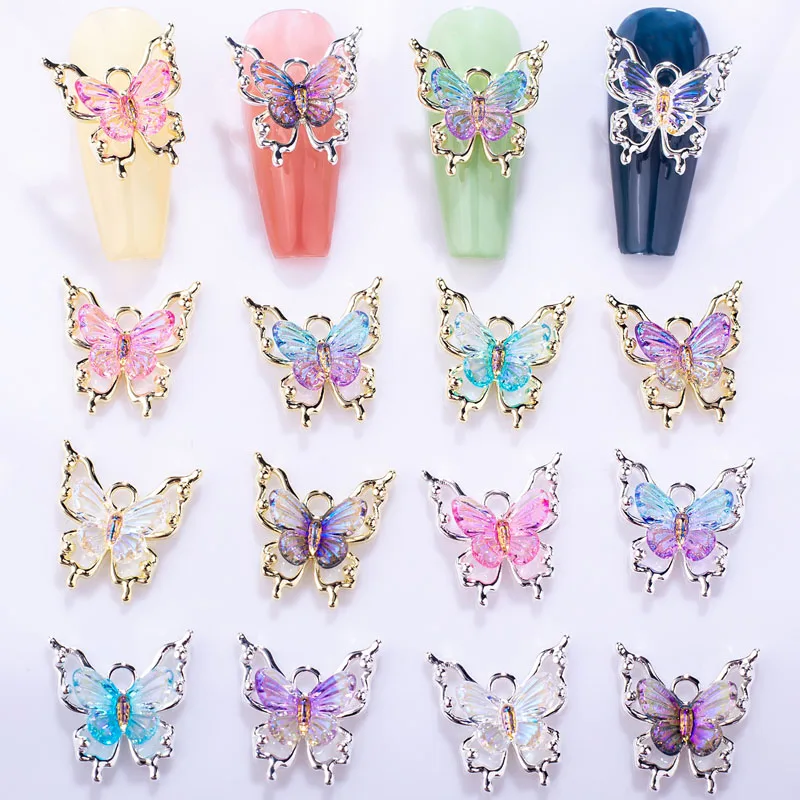 

10pcs/Lot Big Shape Nail Rhinestone Butterfly Gold Silver Alloy Nail Charms Parts Gradient Laser Butterfly Manicure Nail Jewelry