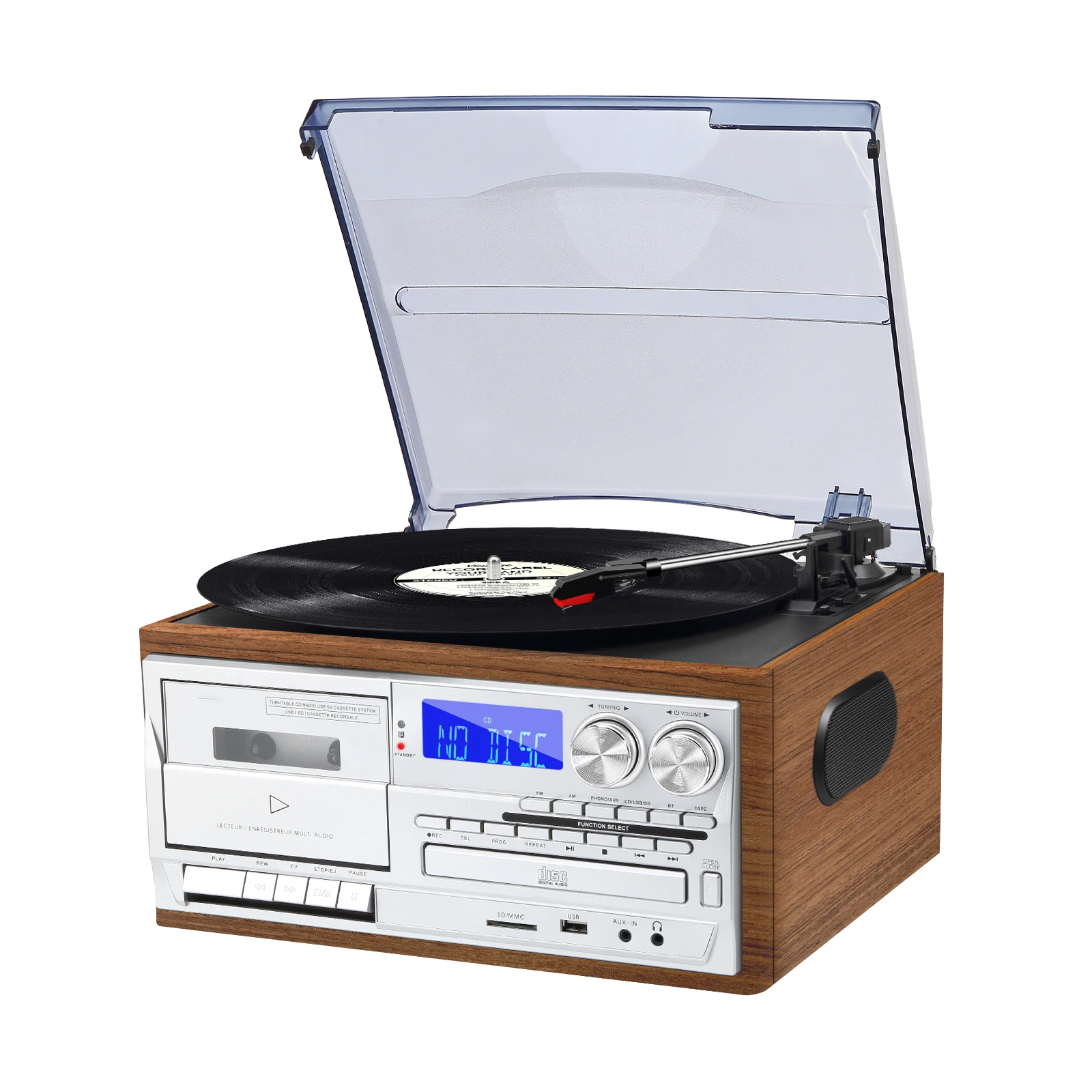 Multi Functional Turntable Record Player with AM FM Radio CD Cassette BT Play Turntable with Built-in Speakers Vinyl Phonograph