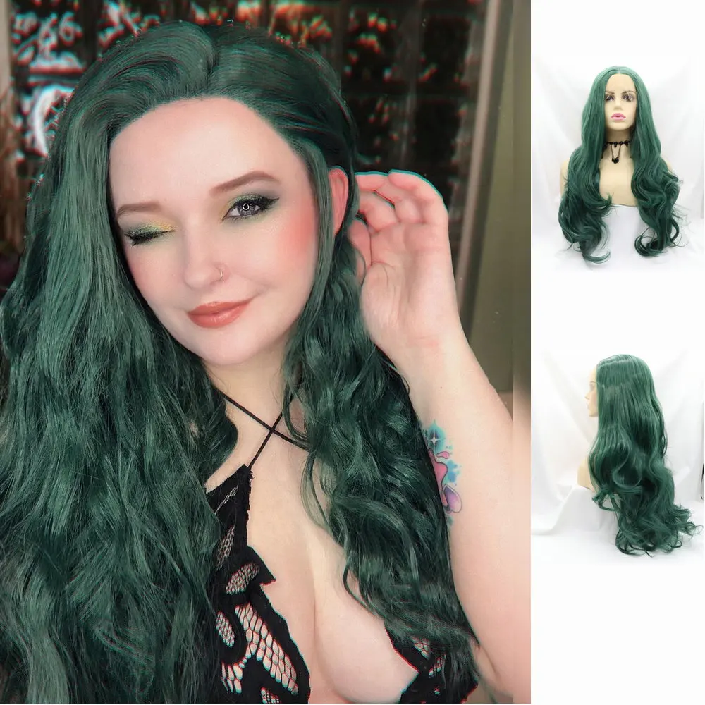 

Sylvia Dark Green Heat Resistant Synthetic Lace Front Wigs for Women Make-up Cosplay Long Wavy Hair Drag Queen Half Hand Wigs