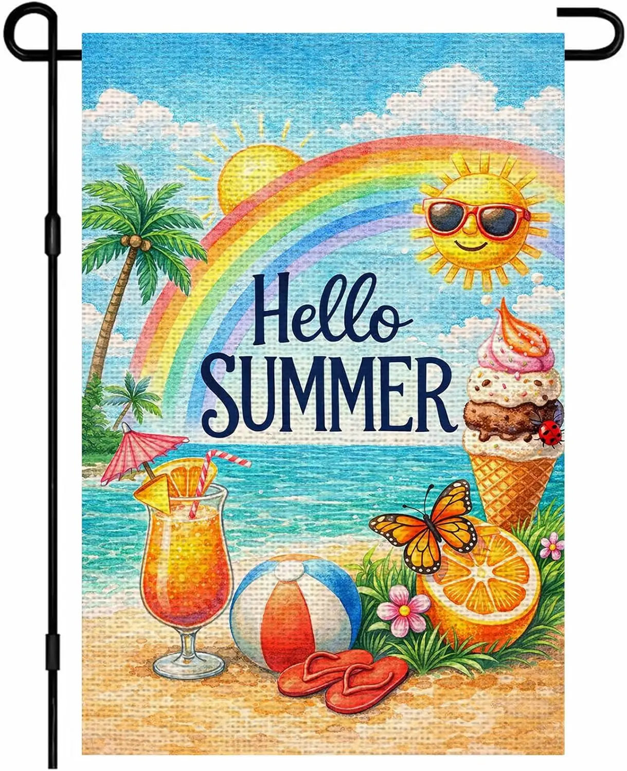 IVN Hello Summer Garden Flag 12x18 Inch Double Sided Linen Rainbow Sunshine Beach Ball Ice Cream Tropical Drink Yard Decor f zzo