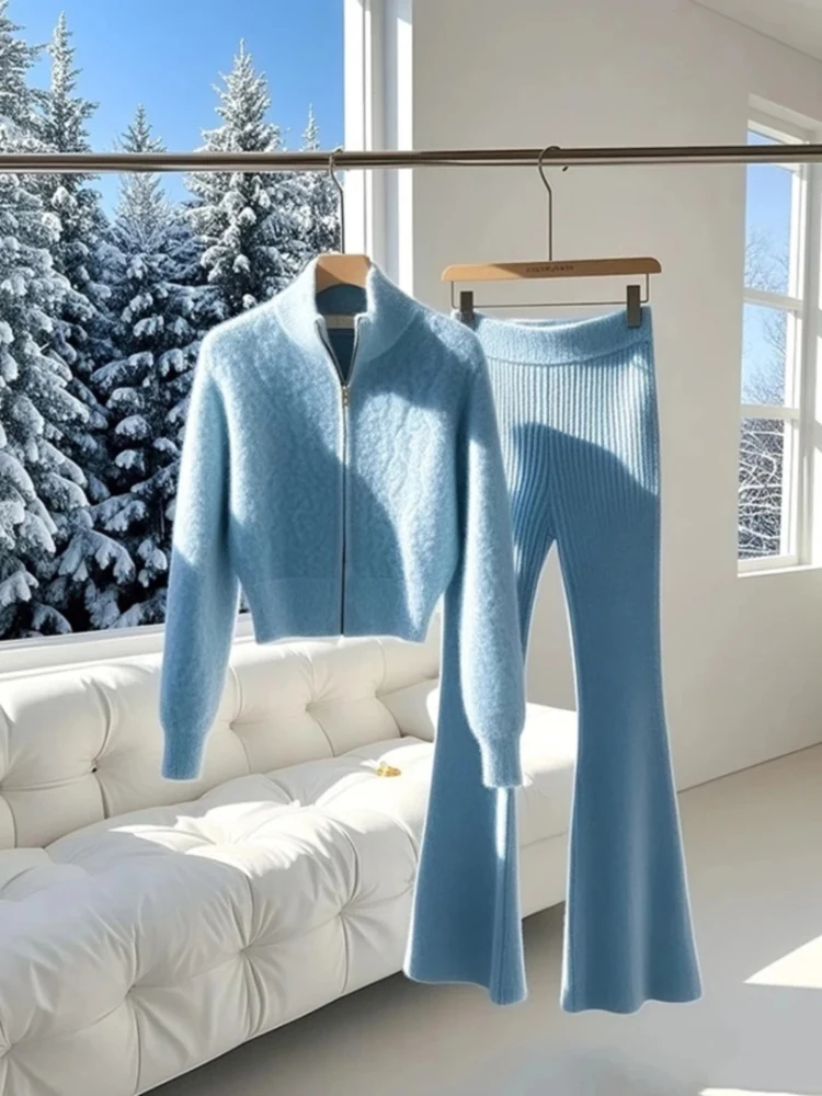 

Blue High Collar Short Sweater Jacket And Long Pants Two Piece Set Autumn Winter Fashion Casual High Waist Korean Style Women...