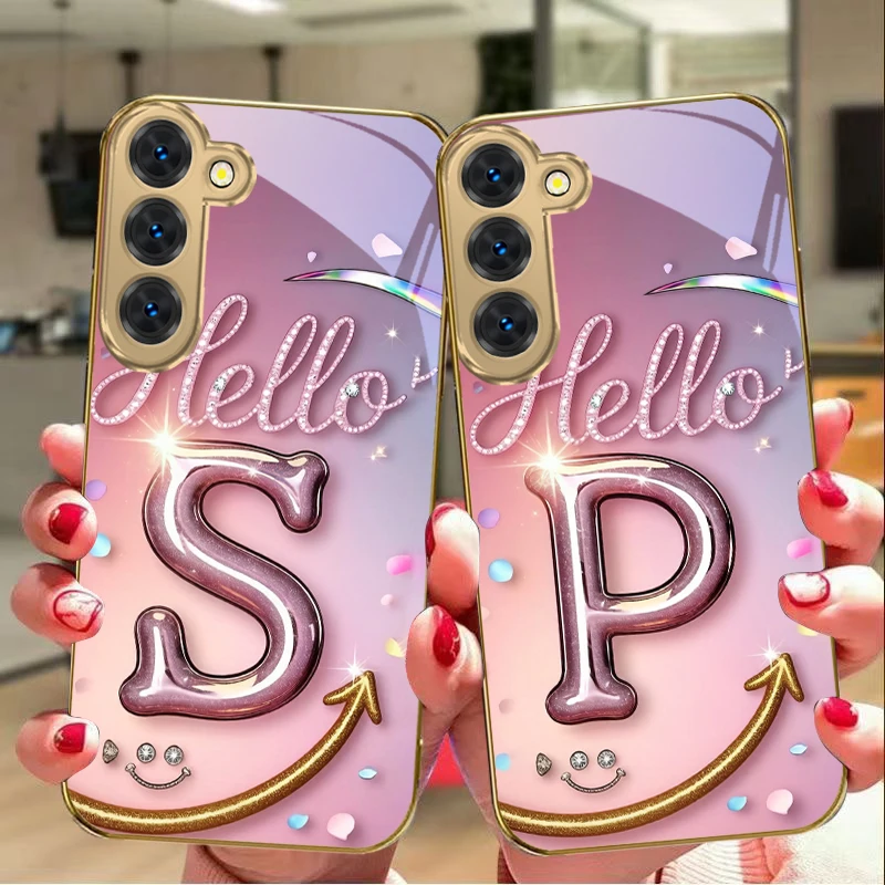 The dreamy letter 'D H' For Samsung Galaxy S26 S20 FE S21Plus S22 23 Plus S24 Ultra S25 S21+ S9+ 22Plus Golden glass phone case