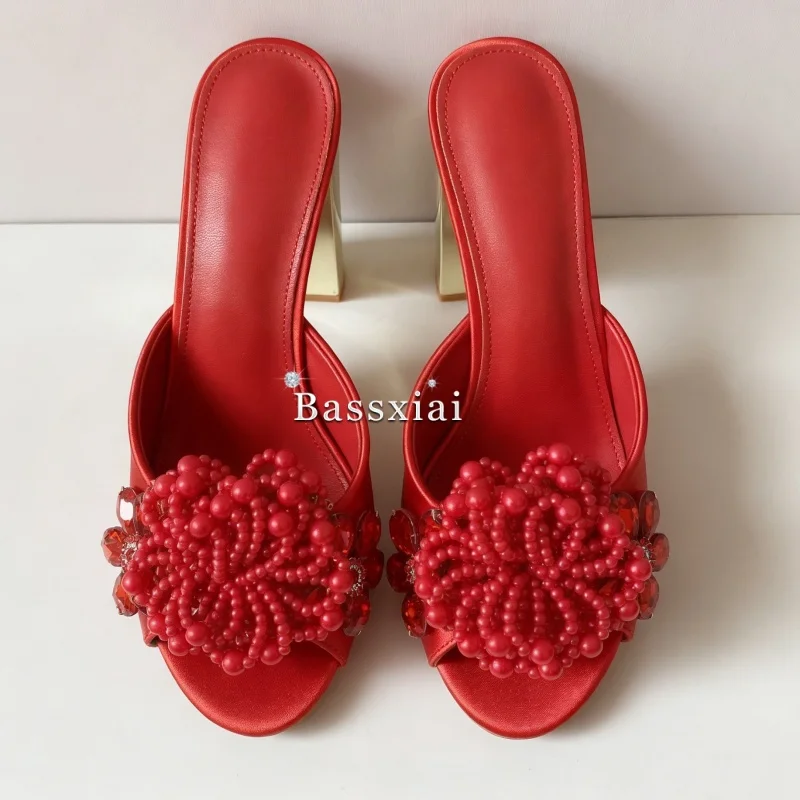 Luxury Crystal Beads Flower Sandals Women With Unique Strange Heel Slingbacks Outwear Mules For Girls Summer image 4