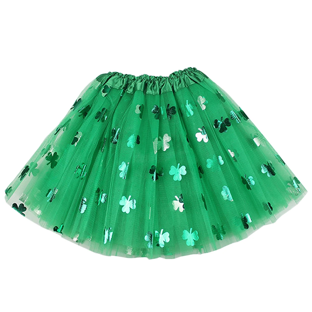 

St Patrick's Day Gauze Skirt Women Lady Adult Party Three Layered Girls Elastic Waist Long Wear Sequins Bowknot