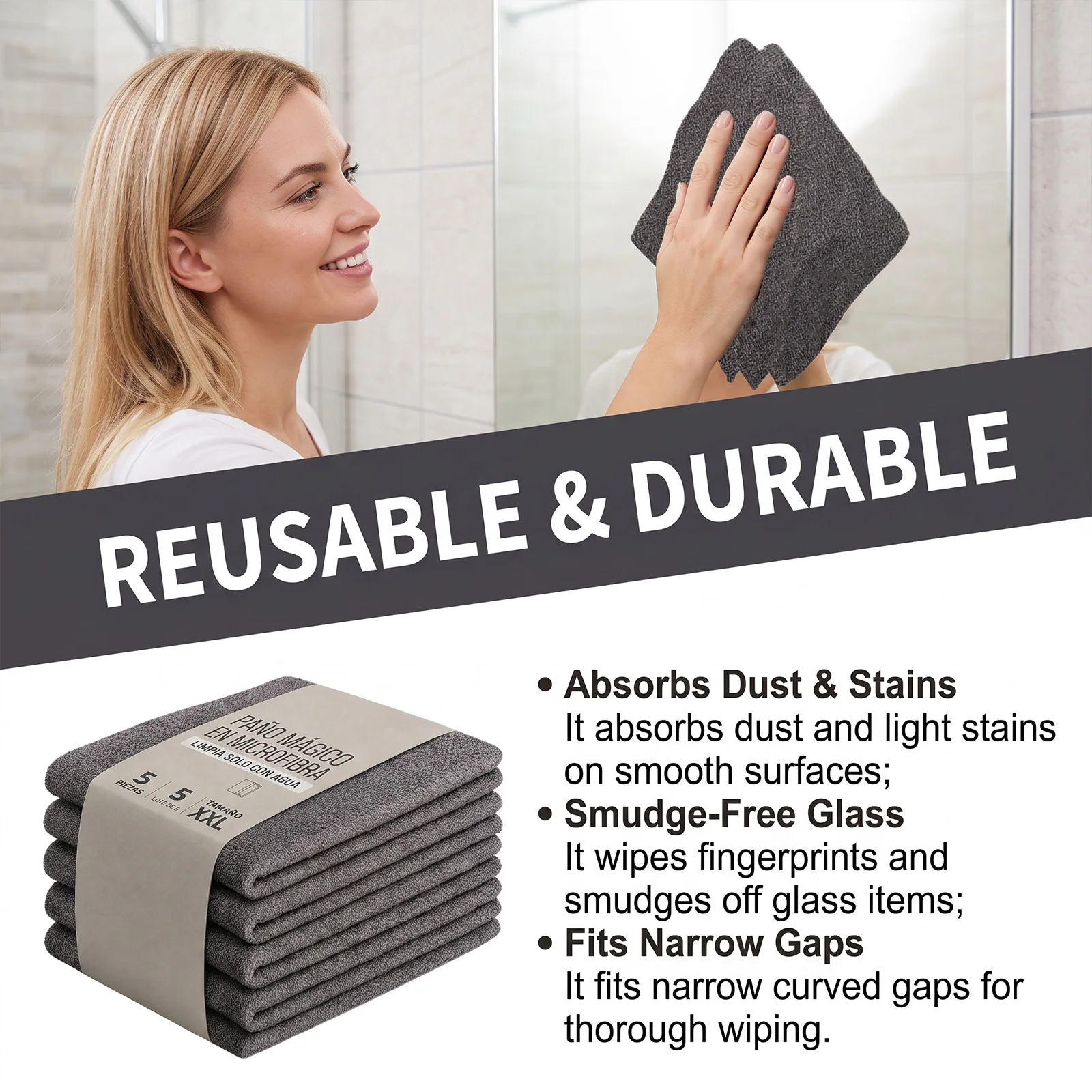 Magic cloth tightly woven for fast water absorption and stain removal Suitable for glass, mirrors, windows, kitchens, bathrooms
