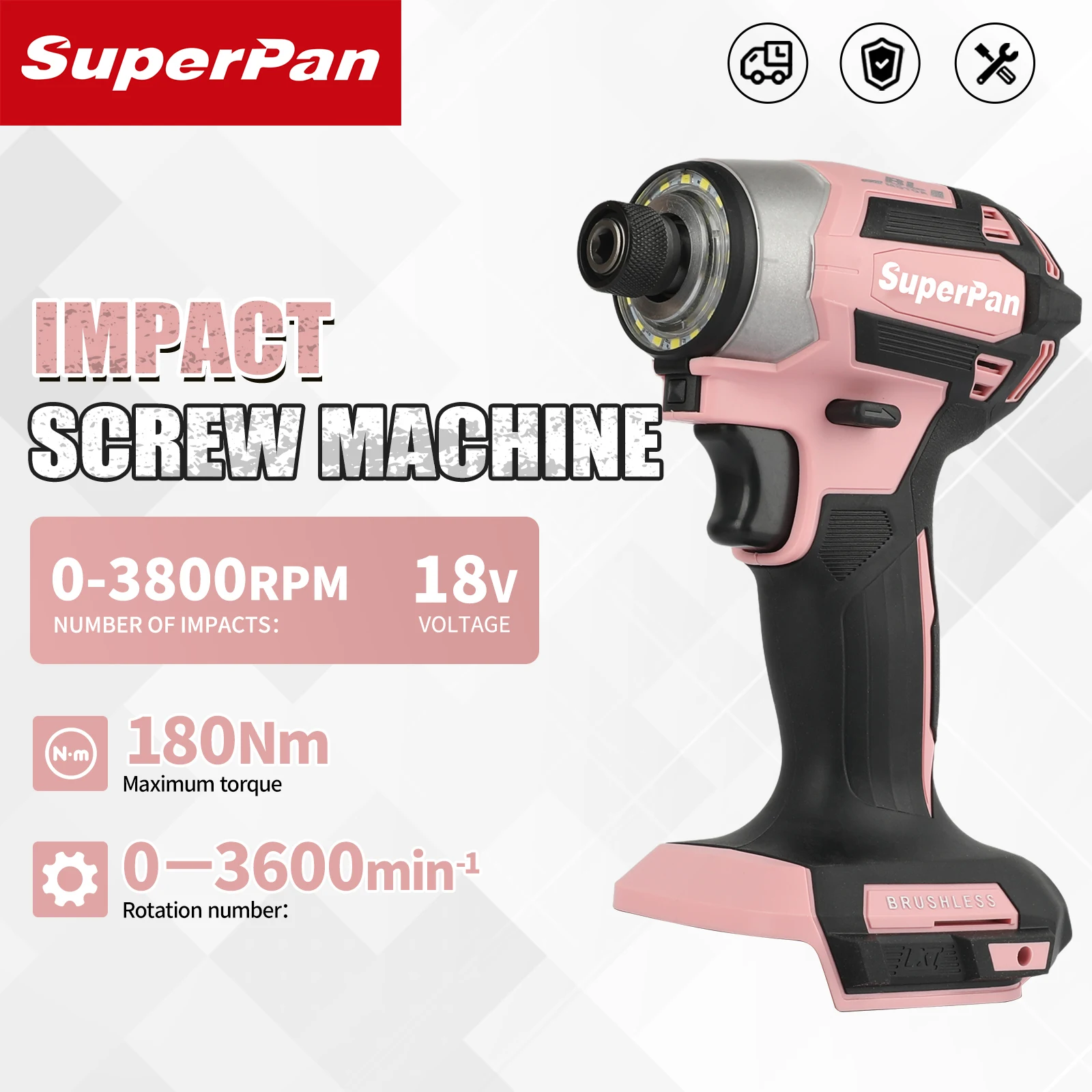 

Бесщеточный ударный гайковерт SuperPan 18В, розовый, без аккумулятора и зарядного устройства, 180 Нм, высокомоментный электрический шуруповерт для домашнего использования