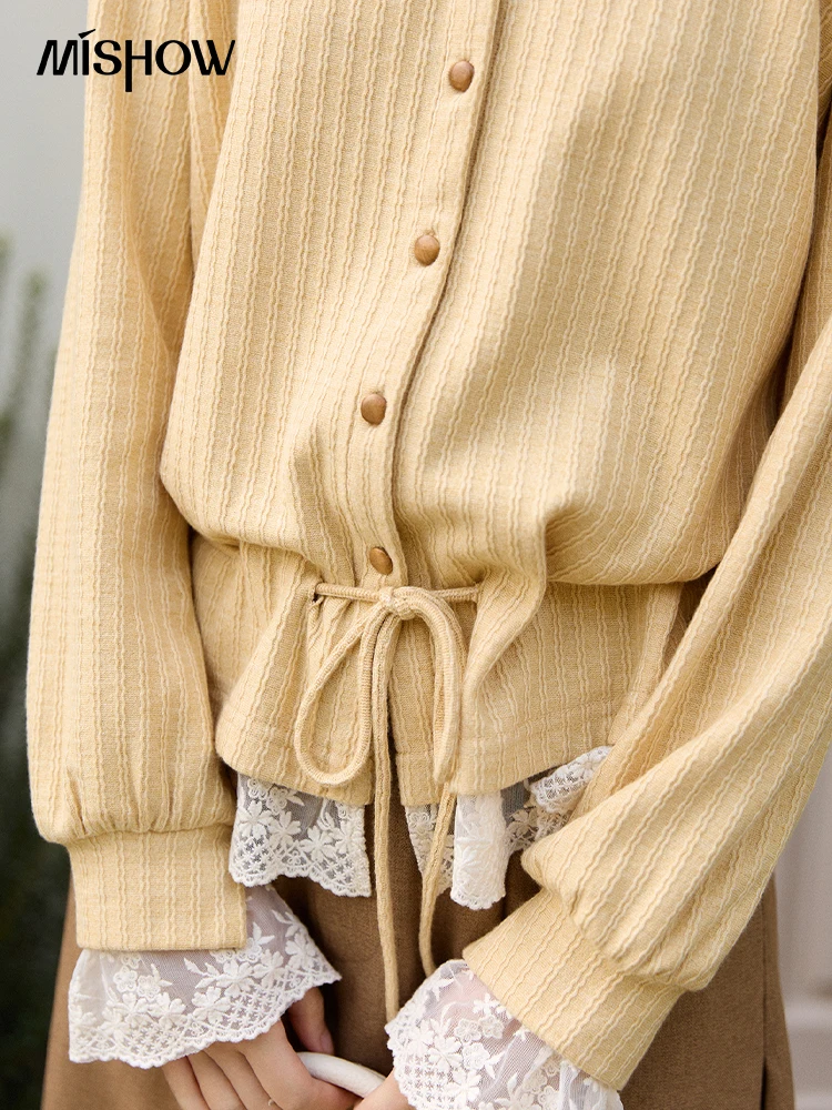 MISHOW Women's Yellow Ribbed Cardigan Spring Lace Trim Drawstring Waist Thin Knitted Sweater Long Sleeve Casual Top MXF11Z2919