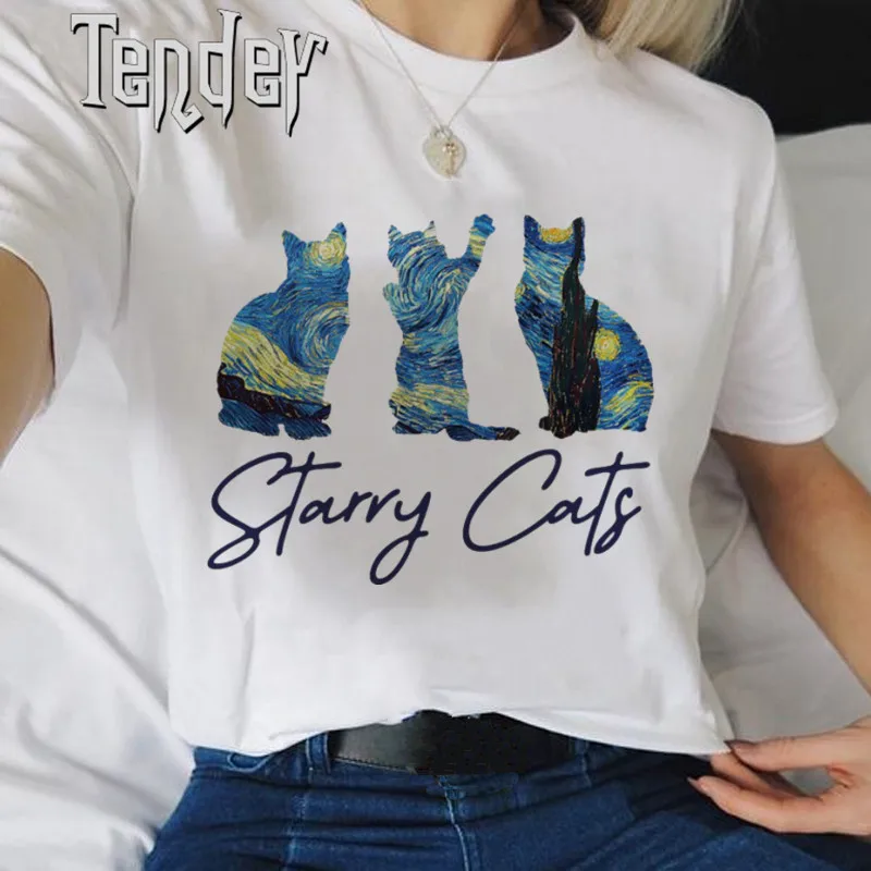 

Funny Starry Cats Graphic T shirts Women's Short-sleeved Vintage Van Gogh Inspired Print T-shirt 2024 Loose Oversized T-shirts