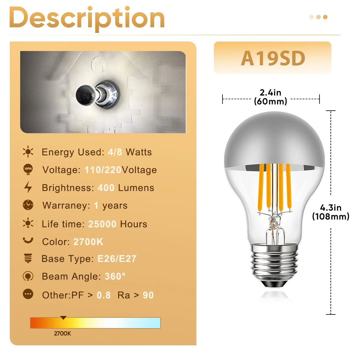 A19 Half Silver Mirror Top LED Filament Bulbs E27 Dimmable