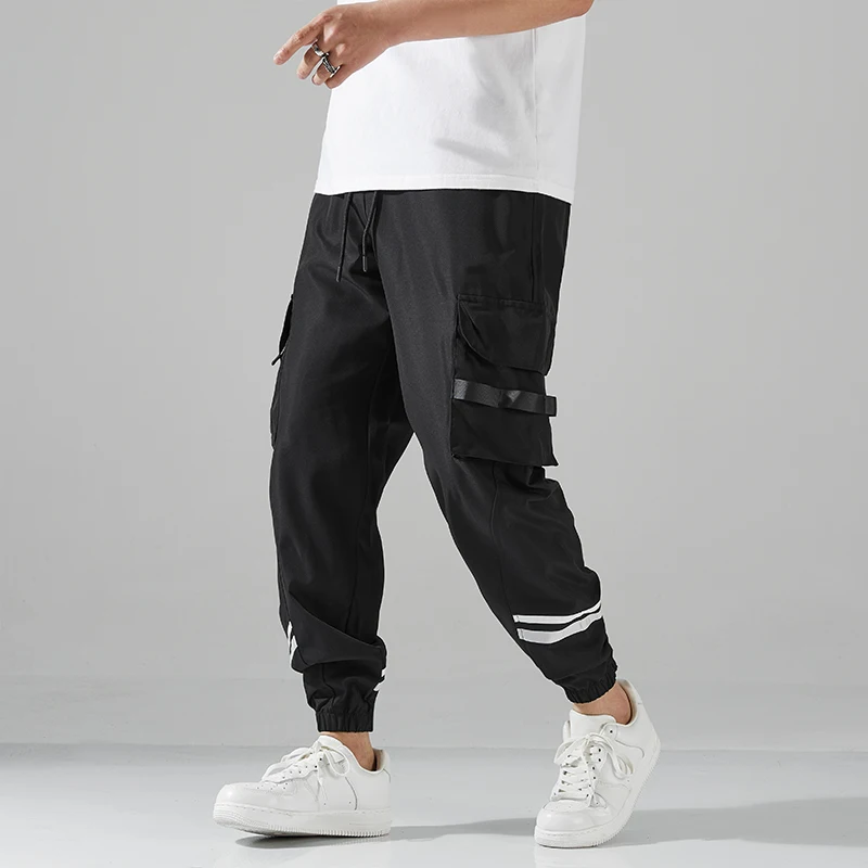 

Black men's overalls Spring and autumn multi-pocket drawstring elastic waist design feeling loose bunched feet casual pants