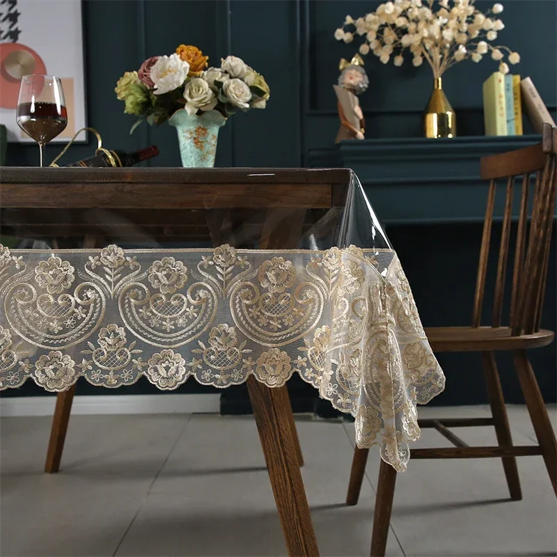PVC Table cloth Rectangle Waterproof Transparent Round Dining Table Cover TableCloth Soft Lace Embroidered Oil-proof Table Cover