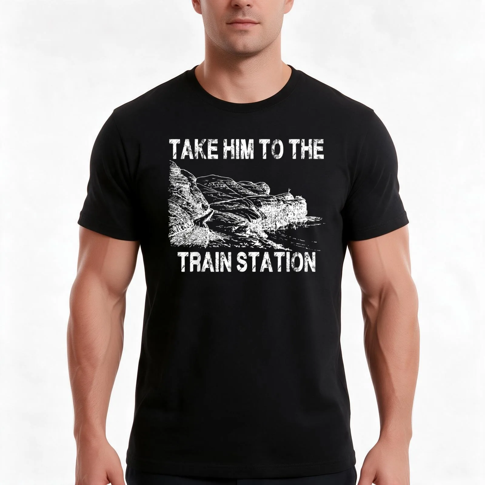 Take Him To The Train Station Gift T-Shirt, Summer Casual Cotton Tee, Oversized Streetwear Tops, Vintage Graphic Print