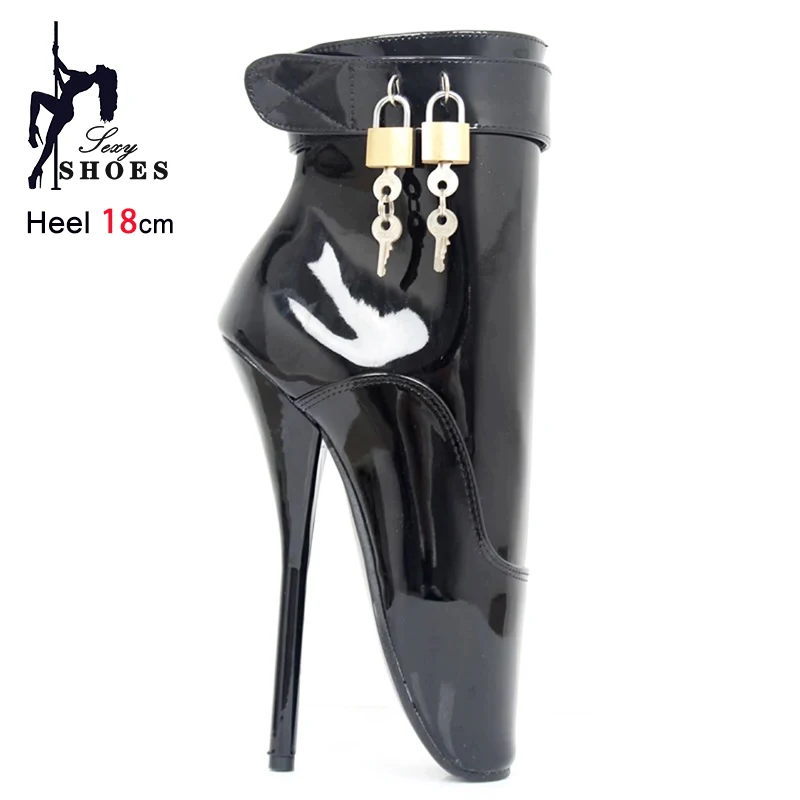 

On Sale Ballet Boots Black Glossy Leather Fetish Lace-up Shoes For Women Adult 18CM/7Inch Lockable Padlocks Fashion Short Boots