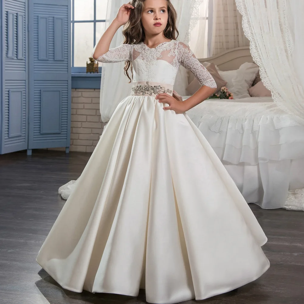 Blumenmädchenkleid mit Schleife, elegantes Erstkommunionkleid, Juwelenausschnitt, Spitze, offener Rücken, Satin-Festzugkleid für Mädchen